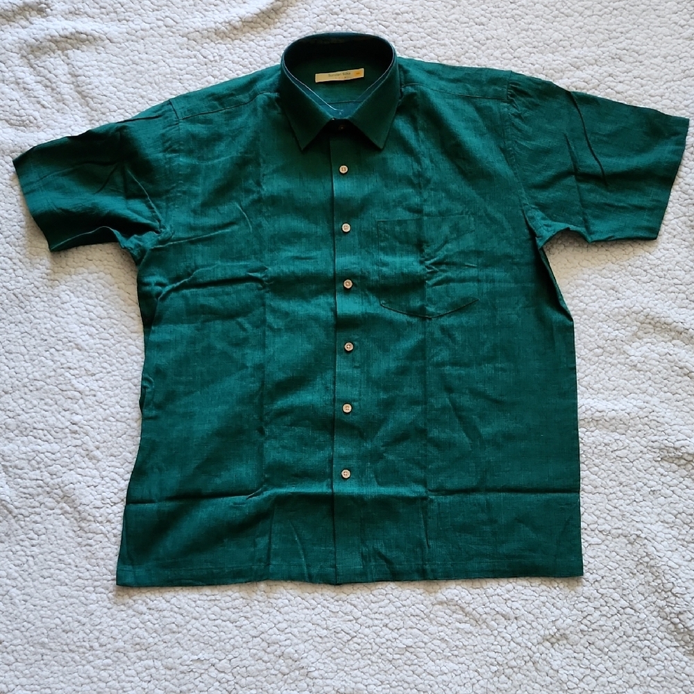 SUNDARI SILKS INDIA Men Sz 42cm/16.5" neck Green Button Down Shirt Short Sleeves